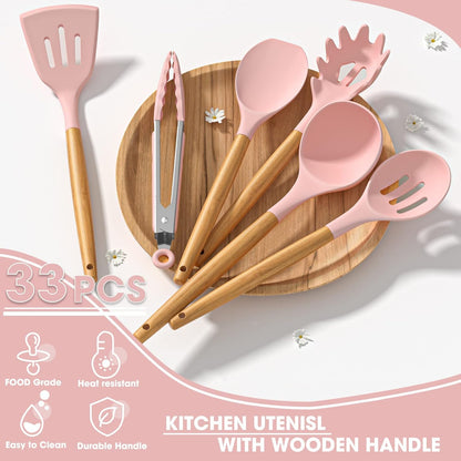 Umite Chef Kitchen Cooking Utensils Set, 33 pcs Non-Stick Silicone Cooking Kitchen Utensils Spatula Set with Holder, Wooden Handle Silicone Kitchen Gadgets Utensil Set (Khaki)