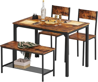 soges 4 Person Dining Table Set, 43.3inch Kitchen Table Set for 4, Dining Room 2 Chairs with Backrest, 2-Person Bench with Storage Rack, Vintage Brown