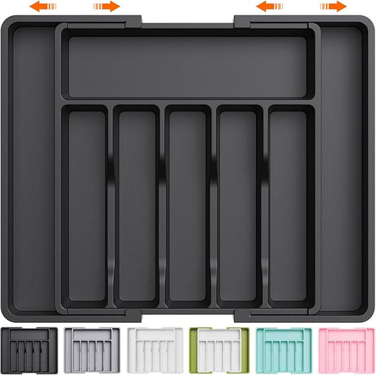 Organizador de cajones para cubiertos Lifewit, bandeja expandible para utensilios de cocina, soporte para cubiertos y cubertería sin BPA, almacenamiento de plástico ajustable para cucharas, tenedores y cuchillos, grande, negro