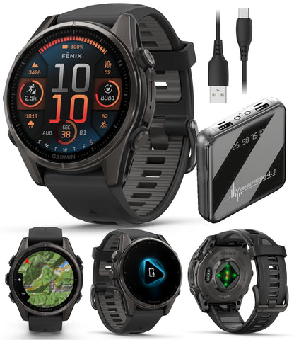 Wearable4U Garmin Fenix 8 – 47 mm, Solar, Multisport GPS Smartwatch, Sapphire, Titanium with Amp Yellow/Graphite Silicone, Built-in LED Flashlight, Voice Control Power Bank Bundle