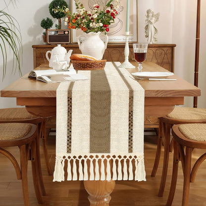 Camino de mesa estilo bohemio, estilo rústico, de 72 pulgadas de largo, de algodón y macramé, con borlas para mesa de café, para despedidas de soltera, bodas, cocinas, comedores, decoración del hogar, color marrón