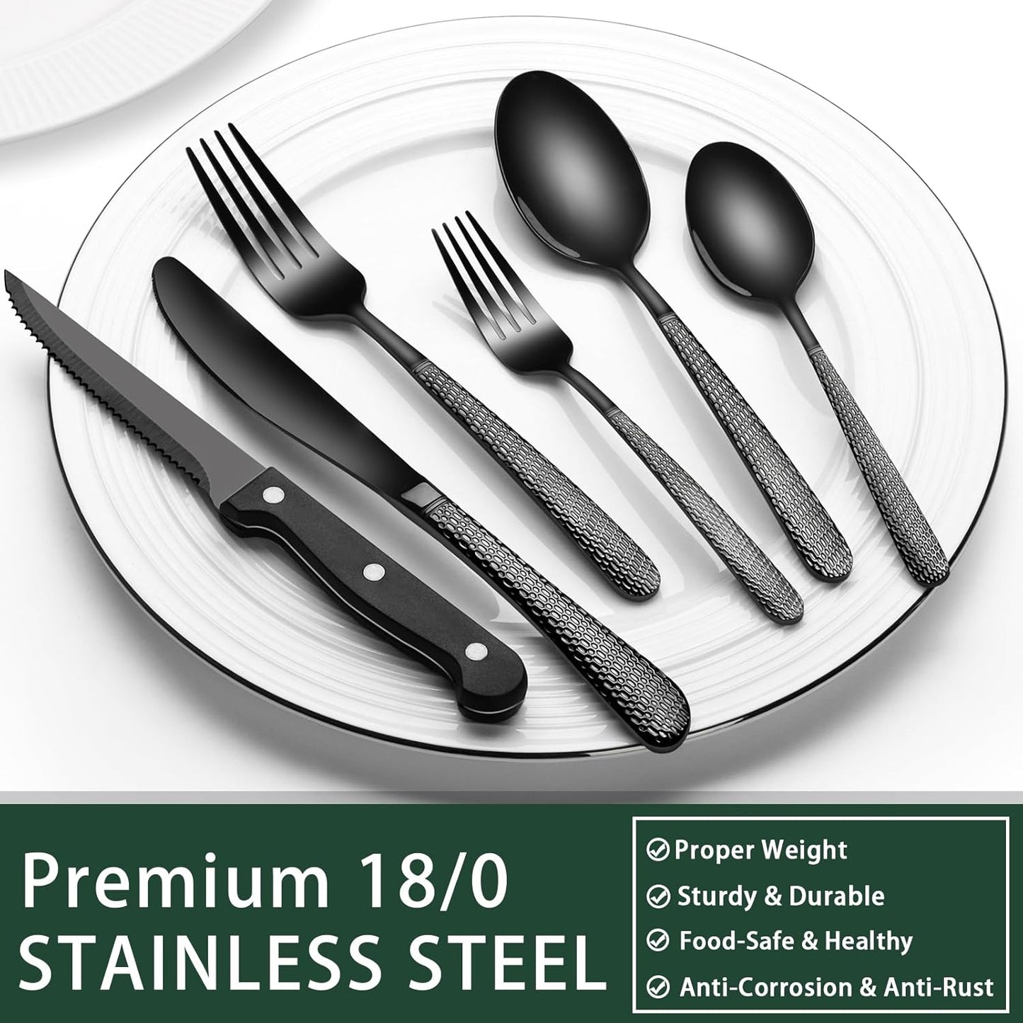 24-Piece Black Silverware Set with Steak Knives, Black Flatware Set for 4, Food-Grade Stainless Steel Tableware Cutlery Set, Mirror Finished Utensil Sets for Home Restaurant