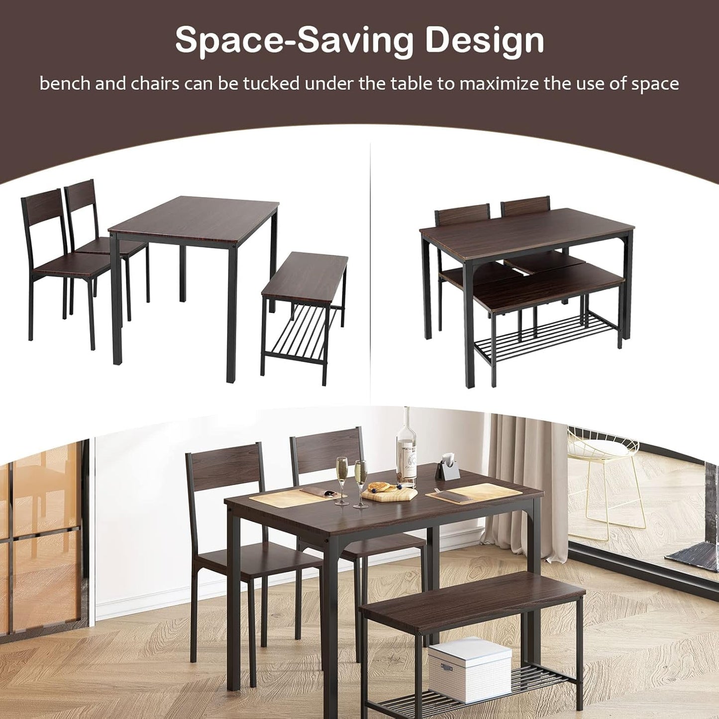 soges 4 Person Dining Table Set, 43.3inch Kitchen Table Set for 4, Dining Room 2 Chairs with Backrest, 2-Person Bench with Storage Rack, Vintage Brown