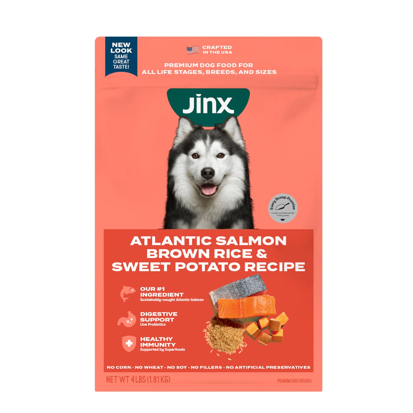 Jinx Premium Dry Dog Food, Real Salmon, Brown Rice & Sweet Potato Kibble with Superfoods & Probiotics, No Fillers, for All Lifestages, 11.5lb