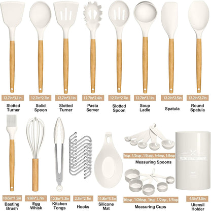 Umite Chef - Juego de utensilios de cocina de silicona antiadherentes, 33 piezas, espátula con soporte, mango de madera, juego de utensilios de cocina de silicona (caqui)