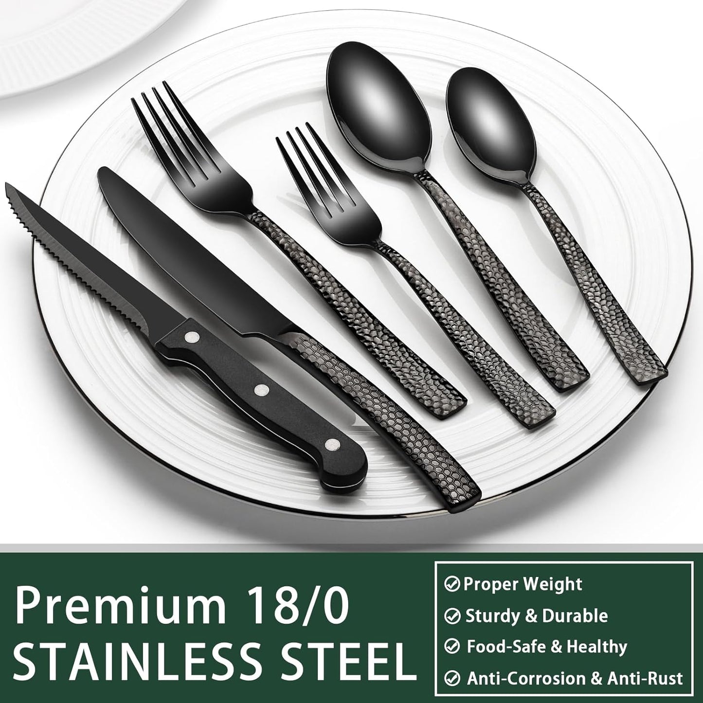 24-Piece Black Silverware Set with Steak Knives, Black Flatware Set for 4, Food-Grade Stainless Steel Tableware Cutlery Set, Mirror Finished Utensil Sets for Home Restaurant