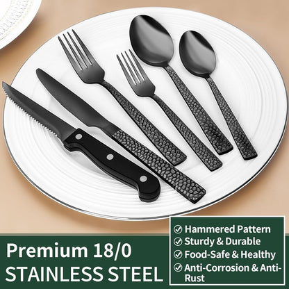 24-Piece Black Silverware Set with Steak Knives, Black Flatware Set for 4, Food-Grade Stainless Steel Tableware Cutlery Set, Mirror Finished Utensil Sets for Home Restaurant