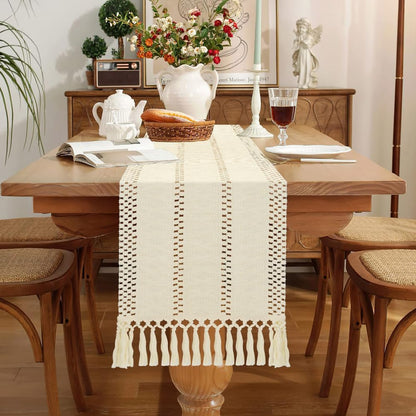 Camino de mesa estilo bohemio, estilo rústico, de 72 pulgadas de largo, de algodón y macramé, con borlas para mesa de café, para despedidas de soltera, bodas, cocinas, comedores, decoración del hogar, color marrón