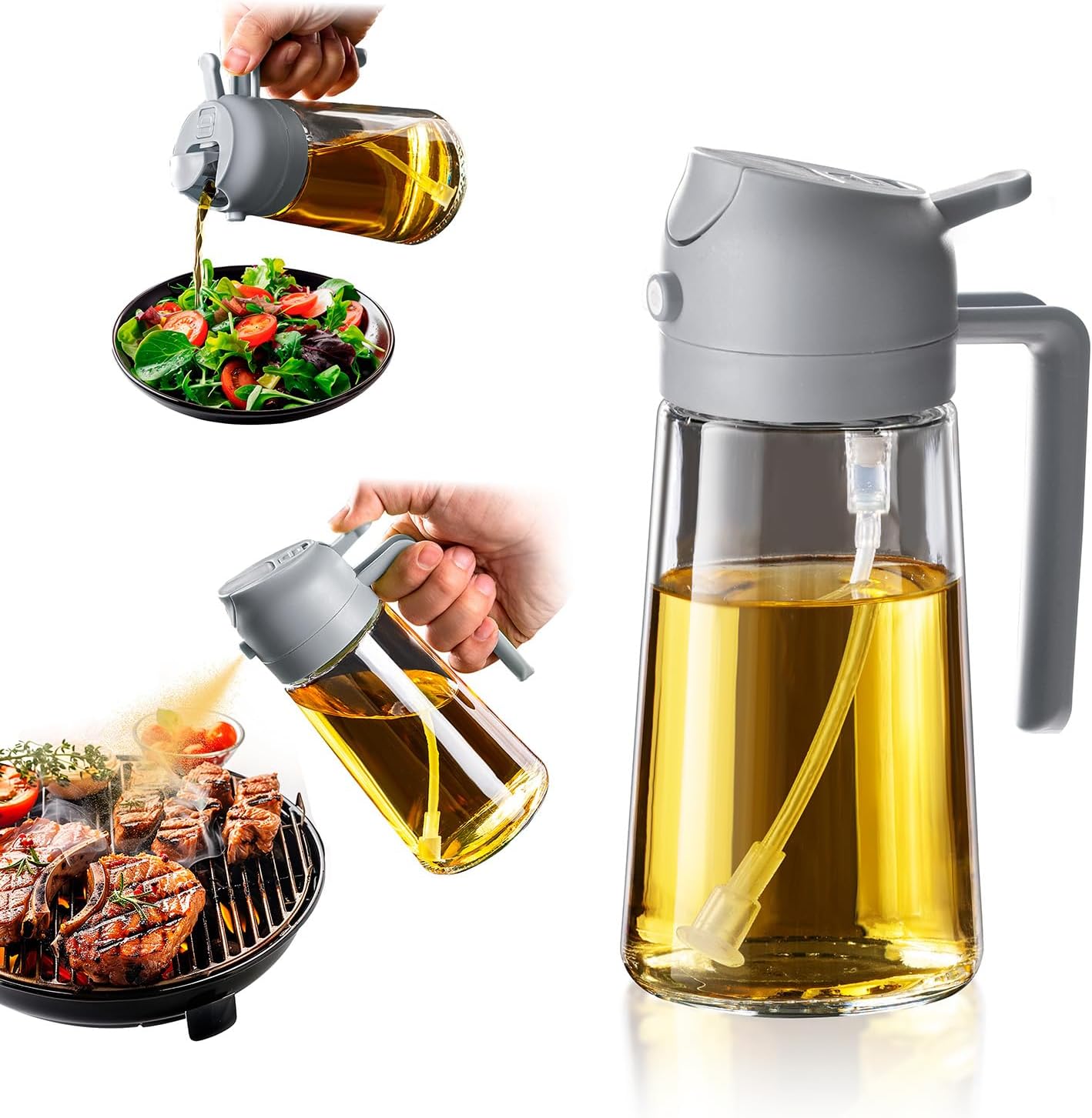 TrendPlain 16oz/470ml Olive Oil Sprayer for Cooking - 2 in 1 Olive Oil Dispenser for Kitchen Gadgets, Air Fryer, Salad, and BBQ - Black