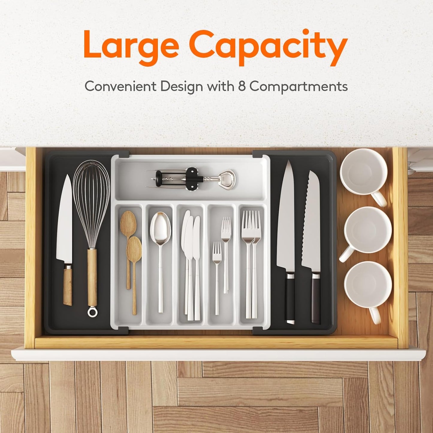 Organizador de cajones para cubiertos Lifewit, bandeja expandible para utensilios de cocina, soporte para cubiertos y cubertería sin BPA, almacenamiento de plástico ajustable para cucharas, tenedores y cuchillos, grande, negro