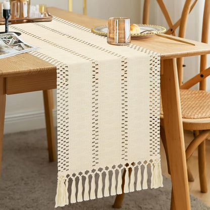 Camino de mesa estilo bohemio, estilo rústico, de 72 pulgadas de largo, de algodón y macramé, con borlas para mesa de café, para despedidas de soltera, bodas, cocinas, comedores, decoración del hogar, color marrón