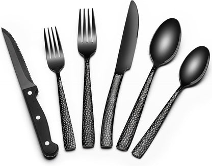 24-Piece Black Silverware Set with Steak Knives, Black Flatware Set for 4, Food-Grade Stainless Steel Tableware Cutlery Set, Mirror Finished Utensil Sets for Home Restaurant