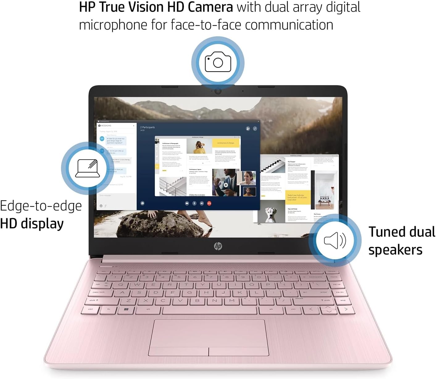 HP Portable Laptop (Include 1 Year Microsoft 365), 14’’ HD Display, 16GB RAM, 64GB eMMC, Intel Quad-Core N4120, Student and Business, Webcam, HDMI, Wi-Fi, RJ-45, Windows 11 Home, Pink