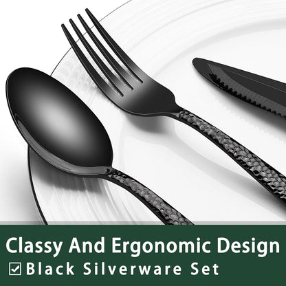 24-Piece Black Silverware Set with Steak Knives, Black Flatware Set for 4, Food-Grade Stainless Steel Tableware Cutlery Set, Mirror Finished Utensil Sets for Home Restaurant