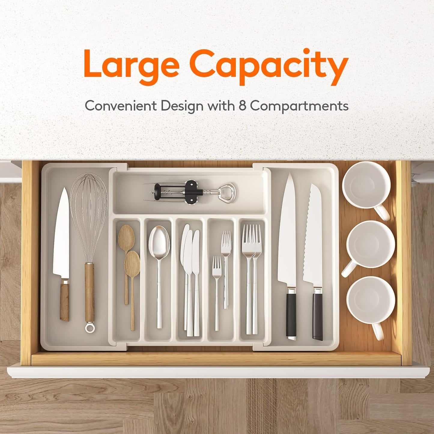 Organizador de cajones para cubiertos Lifewit, bandeja expandible para utensilios de cocina, soporte para cubiertos y cubertería sin BPA, almacenamiento de plástico ajustable para cucharas, tenedores y cuchillos, grande, negro