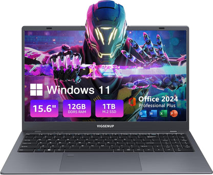 笔记本电脑，12GB LPDDR5 RAM，1TB SSD，15.6 英寸笔记本电脑，Win 11 Pro，N95 四核处理器，最高 3.4GHz，预装 Office Pro Plus 2024，WiFi 5，BT 5.0，USB-C，网络摄像头，指纹