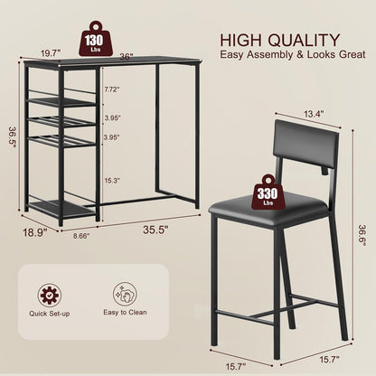 Juego de mesa de comedor para 2, mesa de altura de mostrador con 2 sillas tapizadas y estantes de almacenamiento, juego de mesa y sillas de bistró de 2, juego de mesa de cocina para espacios pequeños, apartamento, casa, estudio