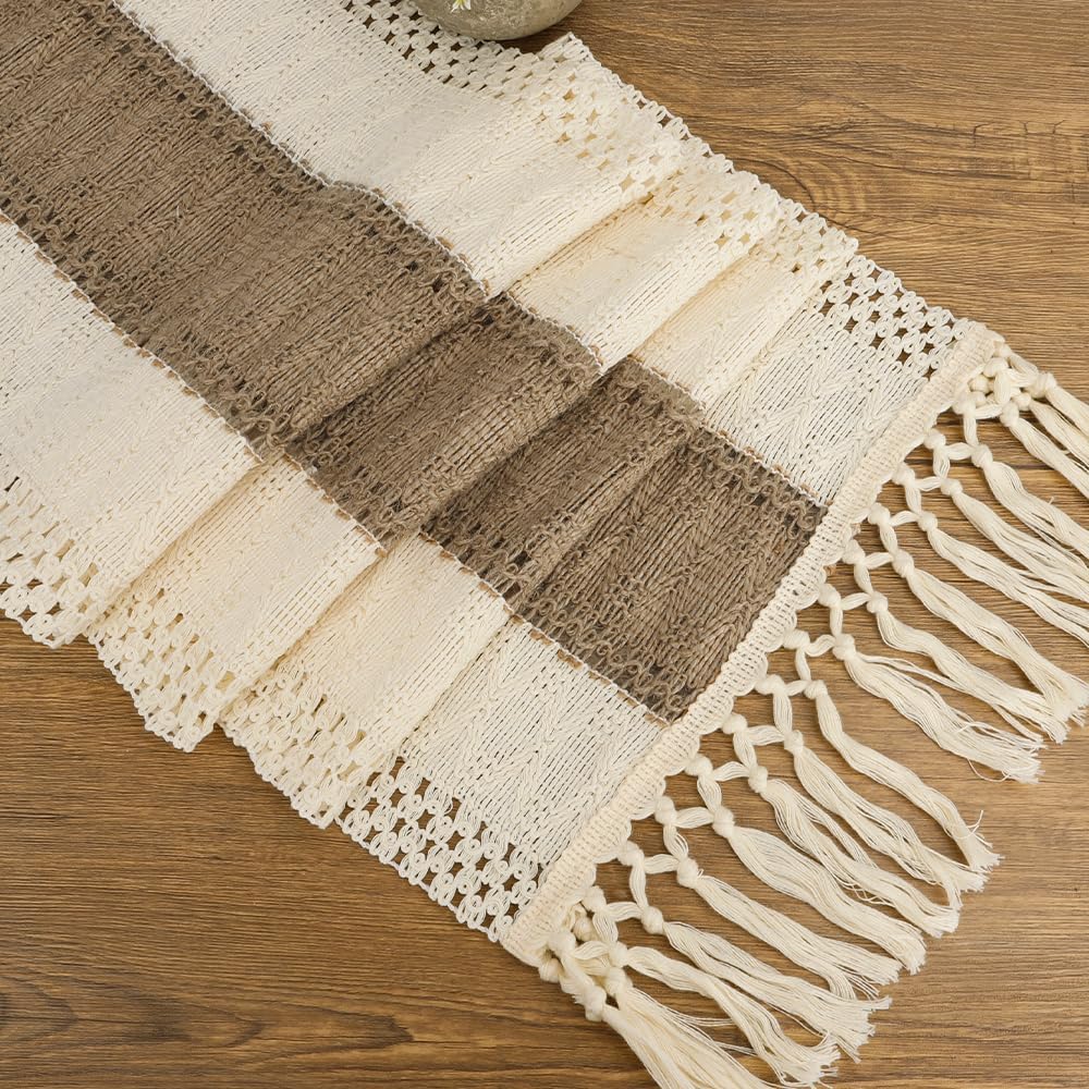 Boho Table Runner Farmhouse Table Runner 72 Inches Long Rustic Coffee Table Runners Cotton Macrame Spring Table Runners with Tassel for Bridal Shower Wedding Kitchen Dining Room Table Home Decor Brown