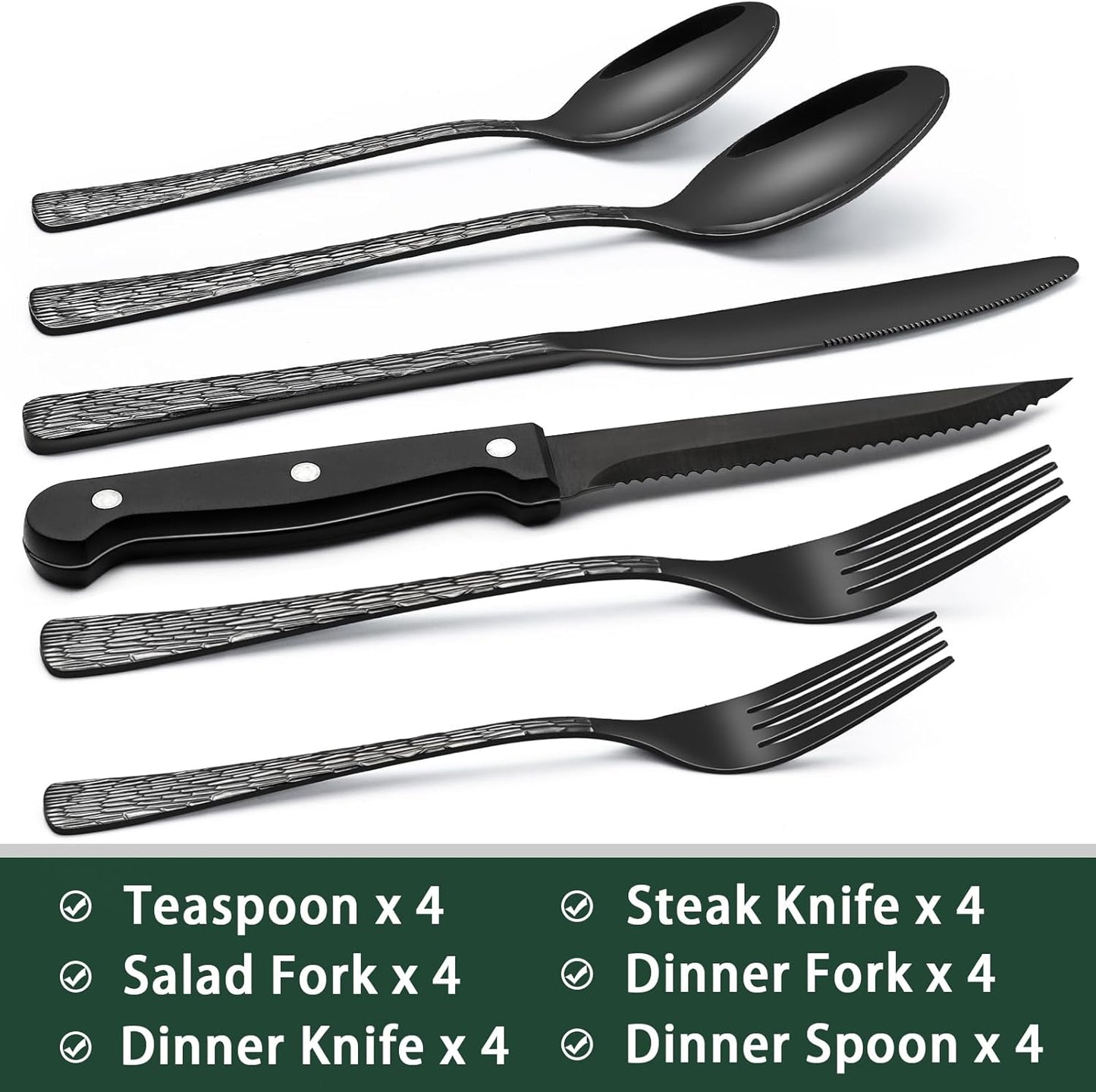 24-Piece Black Silverware Set with Steak Knives, Black Flatware Set for 4, Food-Grade Stainless Steel Tableware Cutlery Set, Mirror Finished Utensil Sets for Home Restaurant