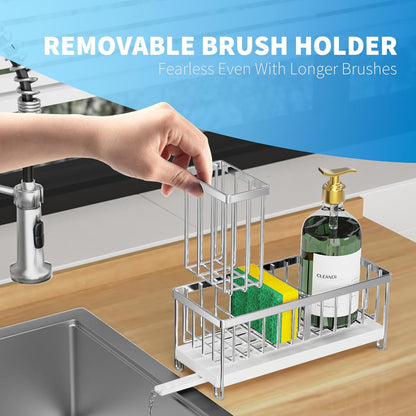 Cisily Sponge Holder for Kitchen Sink, Sink Caddy with High Brush Holder, Kitchen Sink Organizer Countertop Rustproof 304 Stainless Steel , Soap Dispenser Kitchen Organizers and Storage Essentials