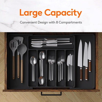 Organizador de cajones para cubiertos Lifewit, bandeja expandible para utensilios de cocina, soporte para cubiertos y cubertería sin BPA, almacenamiento de plástico ajustable para cucharas, tenedores y cuchillos, grande, negro