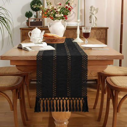 Camino de mesa estilo bohemio, estilo rústico, de 72 pulgadas de largo, de algodón y macramé, con borlas para mesa de café, para despedidas de soltera, bodas, cocinas, comedores, decoración del hogar, color marrón