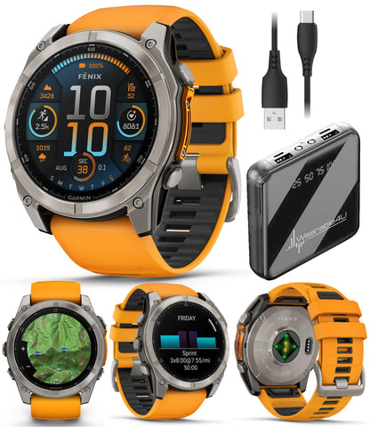 Wearable4U Garmin Fenix 8 – 47 mm, Solar, Multisport GPS Smartwatch, Sapphire, Titanium with Amp Yellow/Graphite Silicone, Built-in LED Flashlight, Voice Control Power Bank Bundle