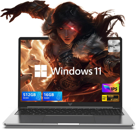 16.0 英寸笔记本电脑，2025 16GB DDR4 512GB SSD Windows 11 笔记本电脑，配备英特尔第 12 代四核处理器（最高 3.6GHz）、1920P FHD 显示屏、金属外壳、WiFi 5、USB3.2、Type_C 的笔记本电脑