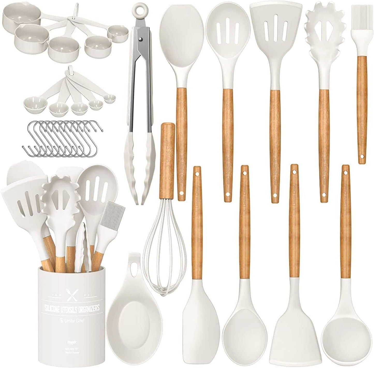 Umite Chef - Juego de utensilios de cocina de silicona antiadherentes, 33 piezas, espátula con soporte, mango de madera, juego de utensilios de cocina de silicona (caqui)