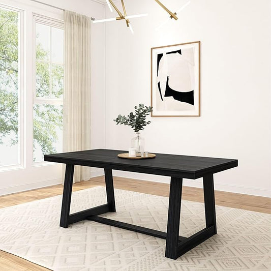 Mesa de comedor rústica de 72 pulgadas con estructura de madera maciza, mesa de comedor rectangular grande de madera para comedor, oficina en casa, muebles de sala de estar, fácil montaje, cepillo de alambre negro