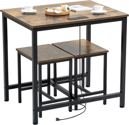 Finnhomy - Juego de mesa de comedor de 3 piezas, mesa de cocina pequeña con 2 sillas, luz LED y toma de corriente USB tipo C, diseño que ahorra espacio para comedor, sala de estar, apartamento, color negro rústico