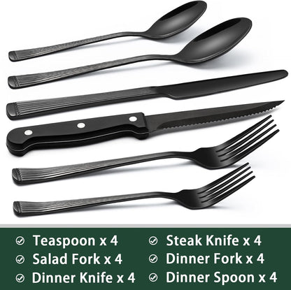 24-Piece Black Silverware Set with Steak Knives, Black Flatware Set for 4, Food-Grade Stainless Steel Tableware Cutlery Set, Mirror Finished Utensil Sets for Home Restaurant