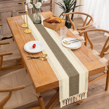 Camino de mesa estilo bohemio, estilo rústico, de 72 pulgadas de largo, de algodón y macramé, con borlas para mesa de café, para despedidas de soltera, bodas, cocinas, comedores, decoración del hogar, color marrón