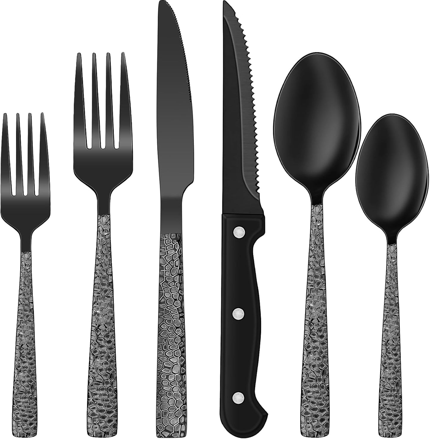 24-Piece Black Silverware Set with Steak Knives, Black Flatware Set for 4, Food-Grade Stainless Steel Tableware Cutlery Set, Mirror Finished Utensil Sets for Home Restaurant