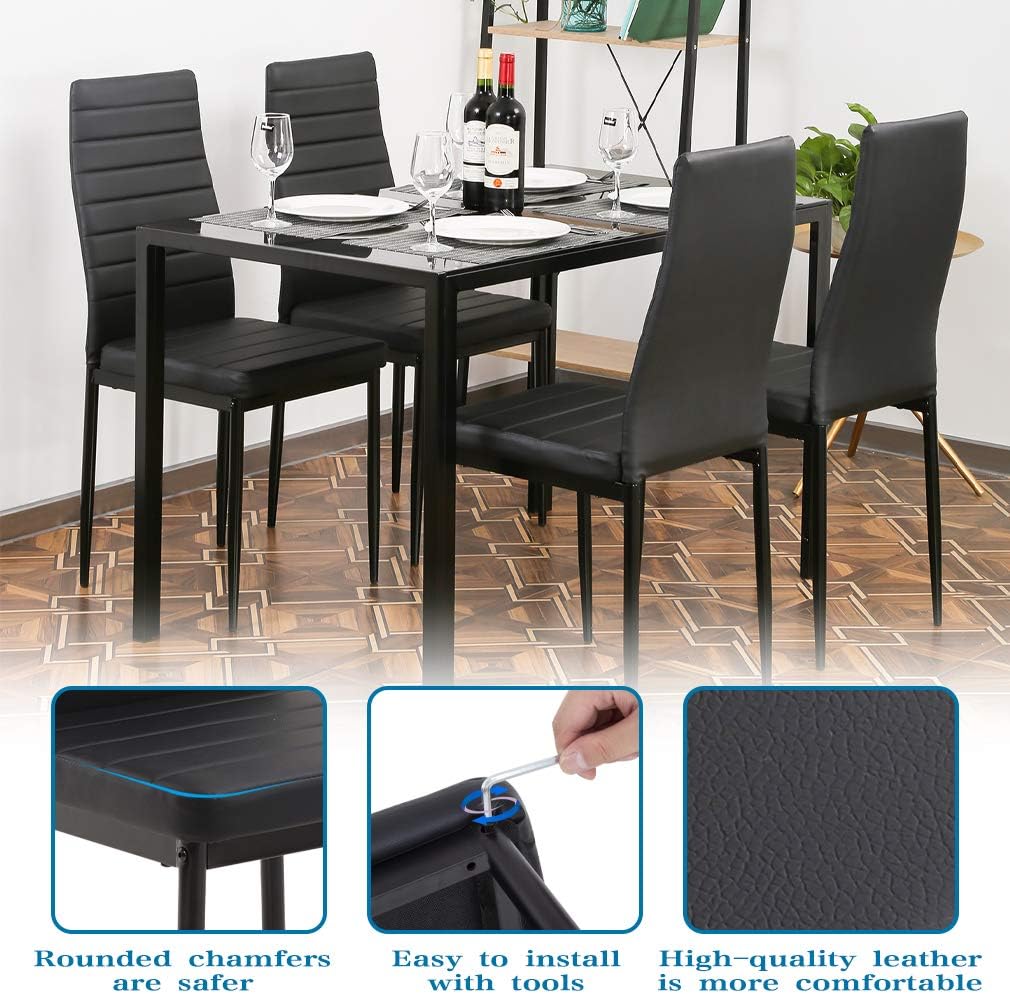 Juego de mesa de comedor FDW, juego de mesa de comedor de vidrio para espacios pequeños, mesa de cocina y sillas para 4, mesa con sillas, muebles para el hogar rectangulares modernos (vidrio negro)