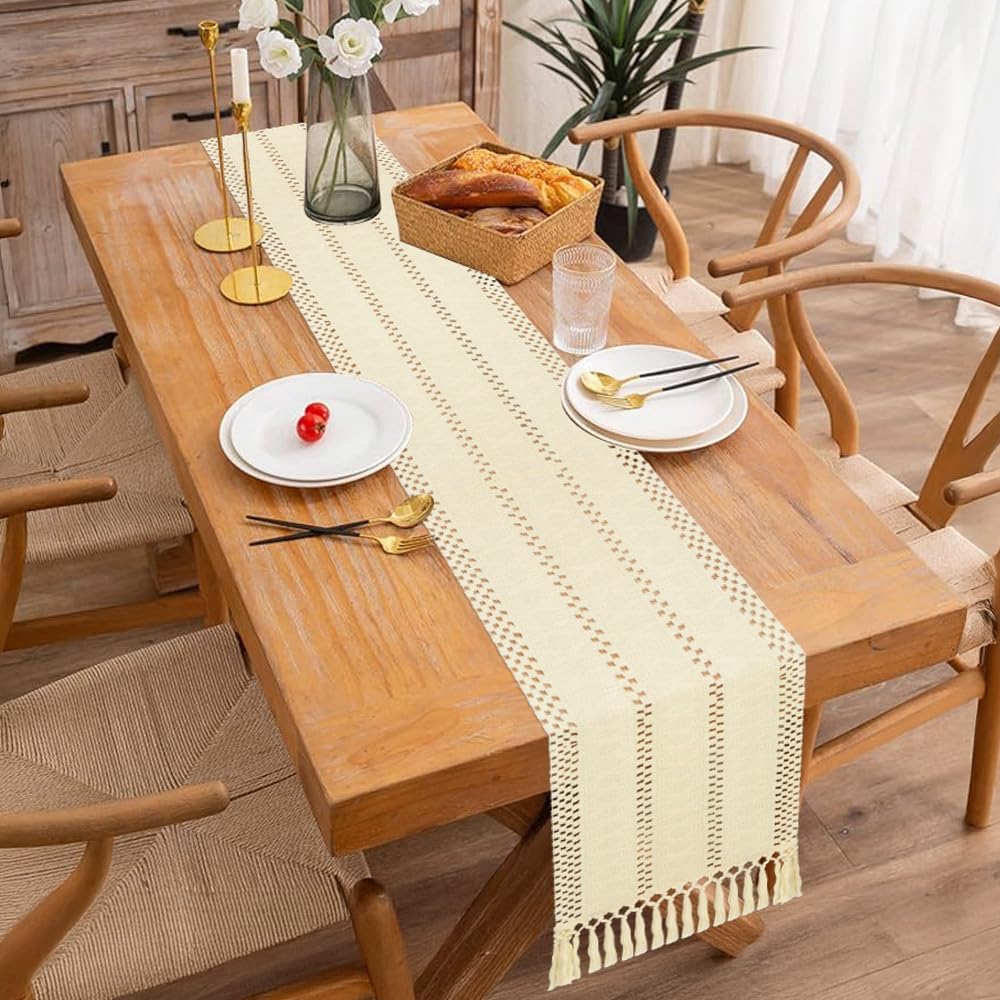 Camino de mesa estilo bohemio, estilo rústico, de 72 pulgadas de largo, de algodón y macramé, con borlas para mesa de café, para despedidas de soltera, bodas, cocinas, comedores, decoración del hogar, color marrón