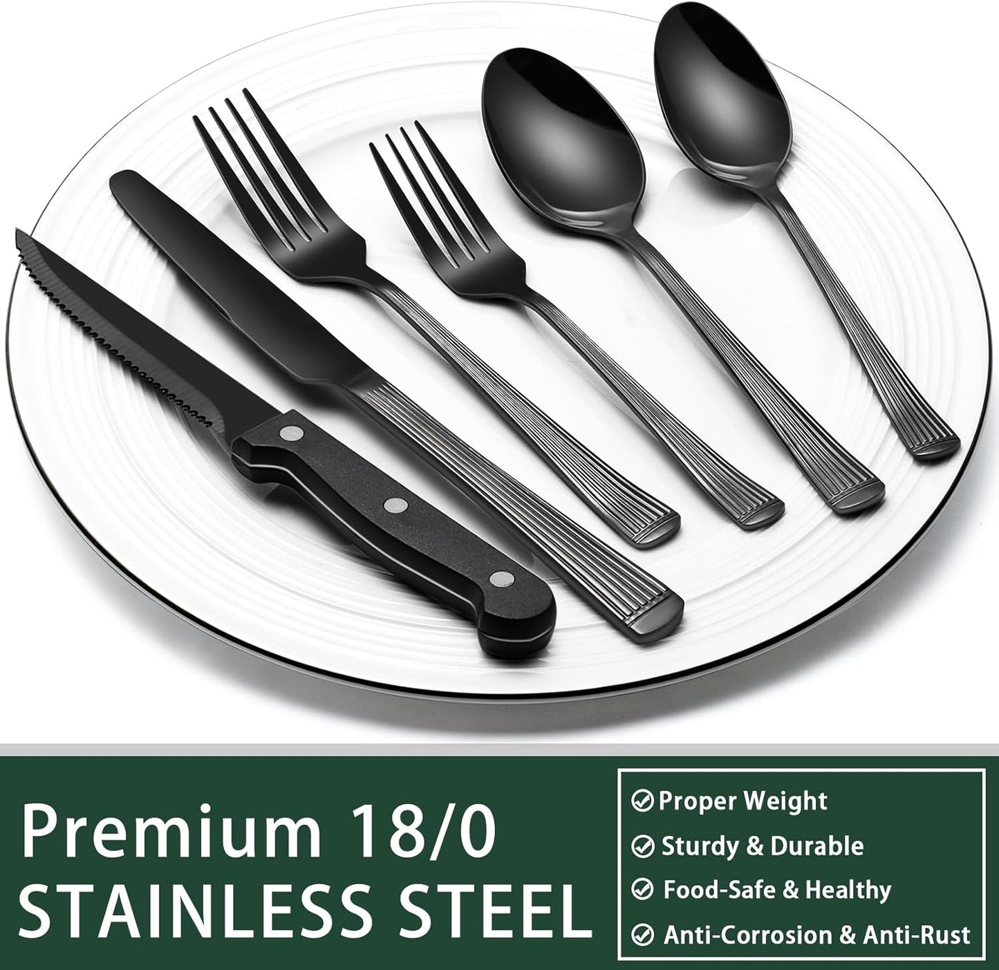 24-Piece Black Silverware Set with Steak Knives, Black Flatware Set for 4, Food-Grade Stainless Steel Tableware Cutlery Set, Mirror Finished Utensil Sets for Home Restaurant