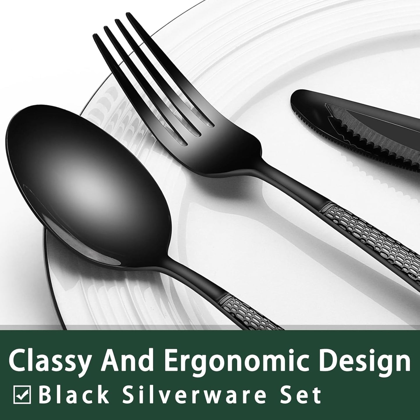 24-Piece Black Silverware Set with Steak Knives, Black Flatware Set for 4, Food-Grade Stainless Steel Tableware Cutlery Set, Mirror Finished Utensil Sets for Home Restaurant