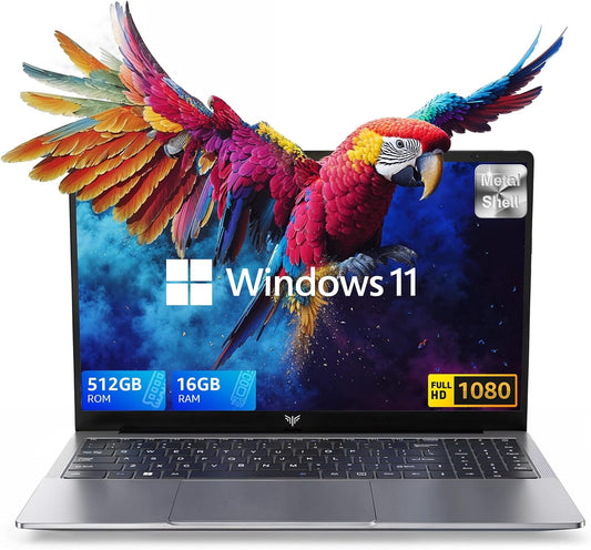 Computadora portátil ACEMAGIC 2025 con procesador Intel de cuatro núcleos (hasta 3,4 GHz), 16 GB DDR4 512 GB SSD, computadora portátil para juegos con Windows 11, 15,6 "IPS 1080P, carcasa de metal, USB 3.2, batería de larga duración