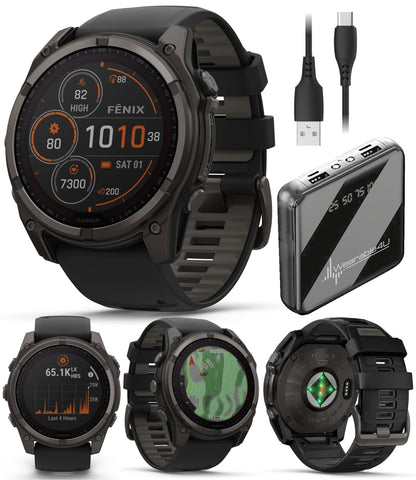 Wearable4U Garmin Fenix 8 – 47 mm, Solar, Multisport GPS Smartwatch, Sapphire, Titanium with Amp Yellow/Graphite Silicone, Built-in LED Flashlight, Voice Control Power Bank Bundle