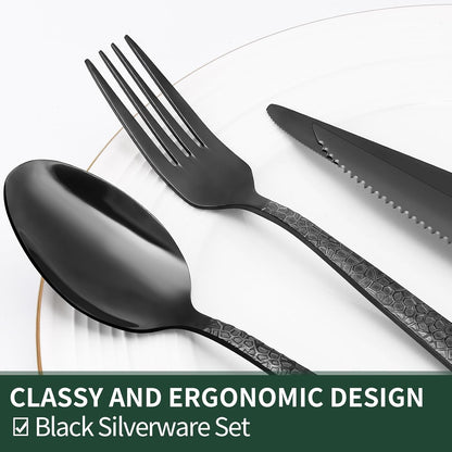 24-Piece Black Silverware Set with Steak Knives, Black Flatware Set for 4, Food-Grade Stainless Steel Tableware Cutlery Set, Mirror Finished Utensil Sets for Home Restaurant