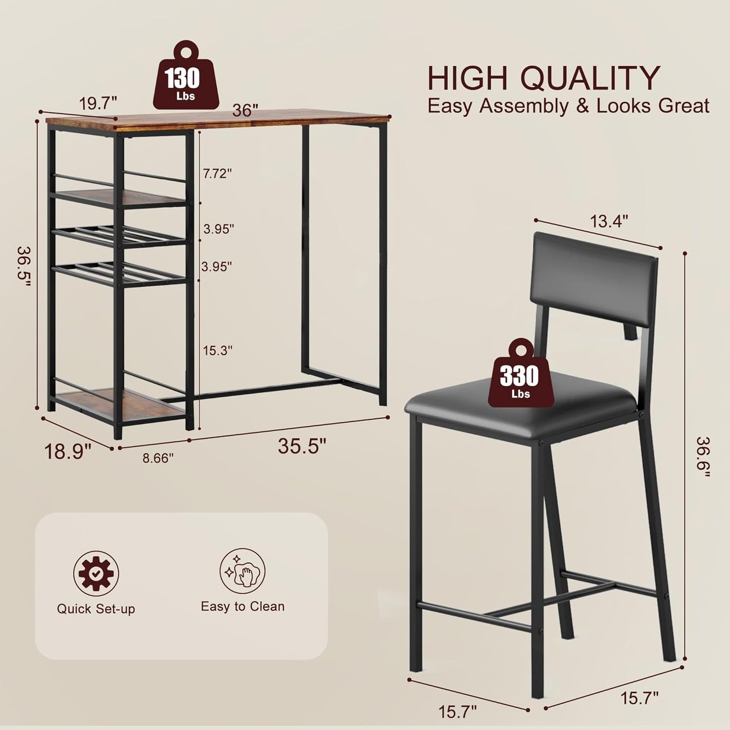 Juego de mesa de comedor para 2, mesa de altura de mostrador con 2 sillas tapizadas y estantes de almacenamiento, juego de mesa y sillas de bistró de 2, juego de mesa de cocina para espacios pequeños, apartamento, casa, estudio