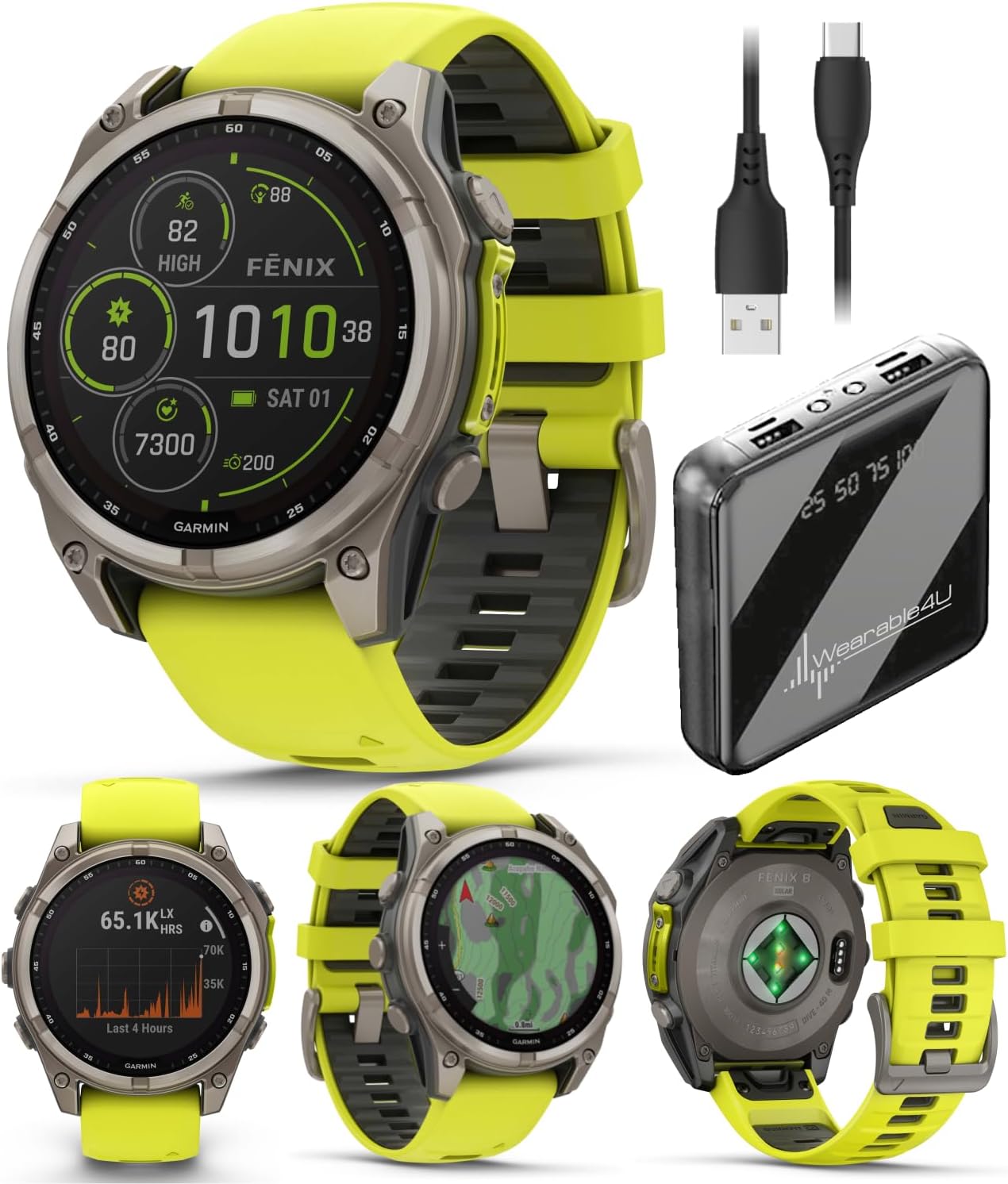 Wearable4U Garmin Fenix 8 – 47 mm, Solar, Multisport GPS Smartwatch, Sapphire, Titanium with Amp Yellow/Graphite Silicone, Built-in LED Flashlight, Voice Control Power Bank Bundle