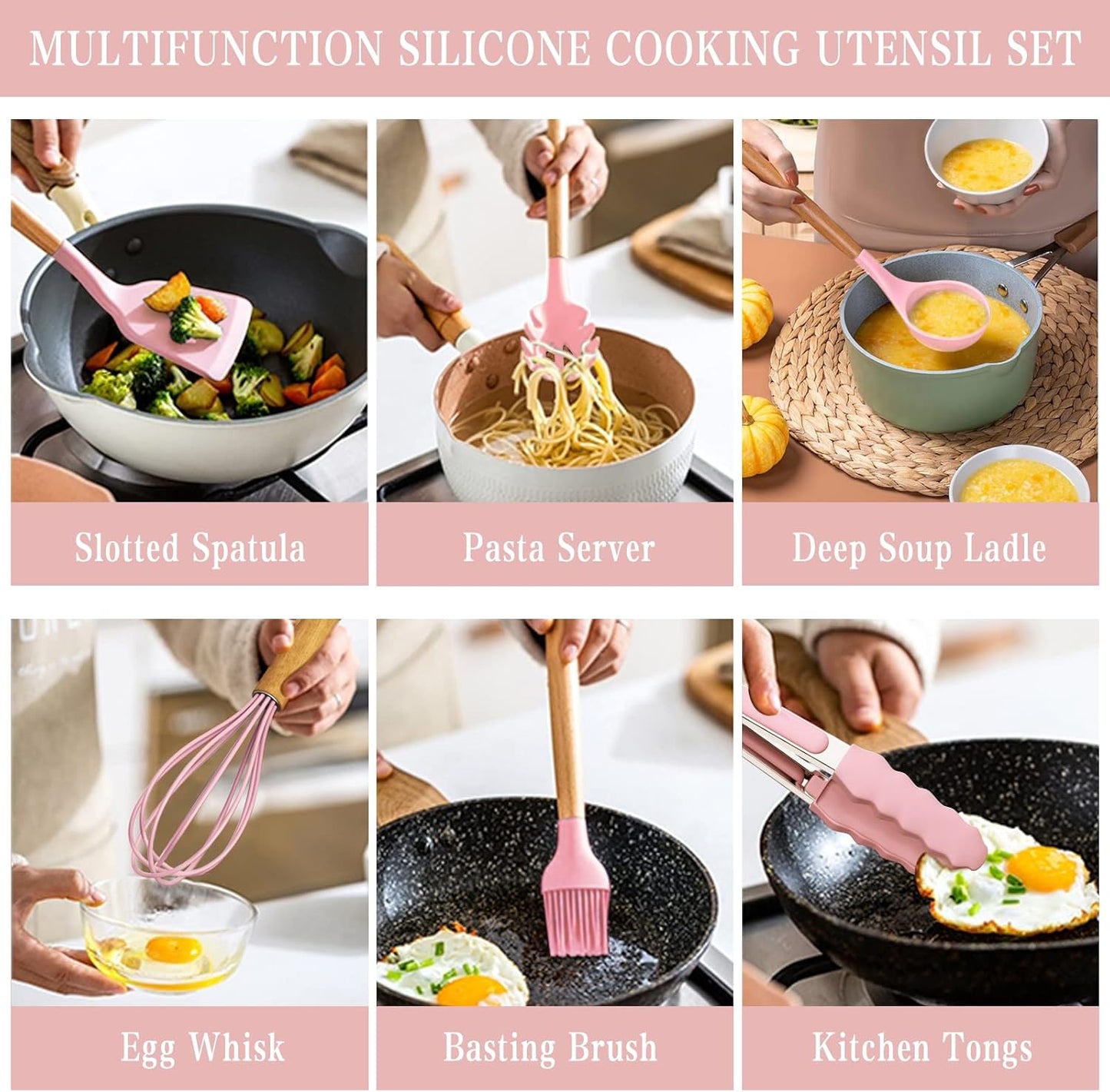 Umite Chef Kitchen Cooking Utensils Set, 33 pcs Non-Stick Silicone Cooking Kitchen Utensils Spatula Set with Holder, Wooden Handle Silicone Kitchen Gadgets Utensil Set (Khaki)