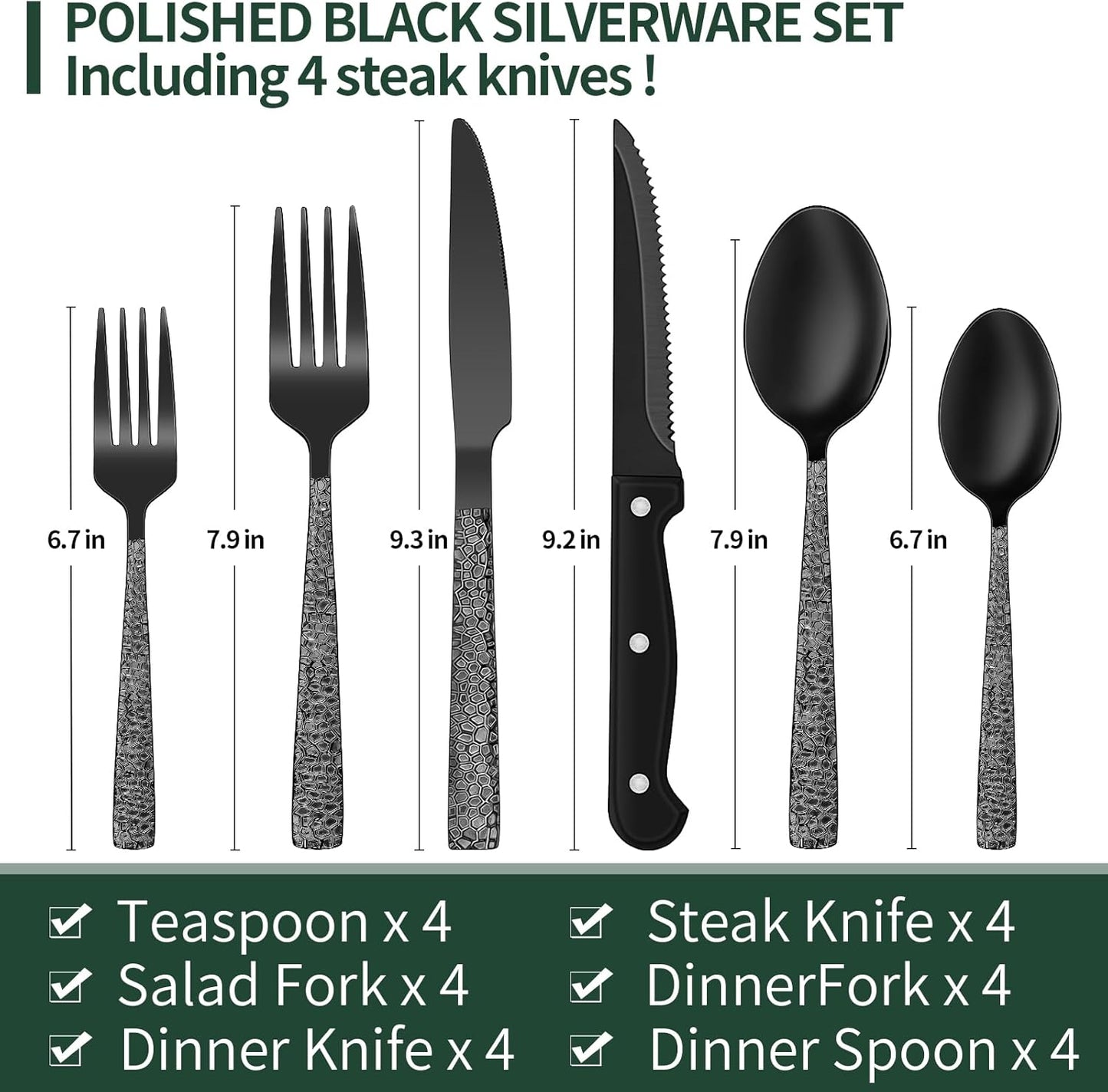 24-Piece Black Silverware Set with Steak Knives, Black Flatware Set for 4, Food-Grade Stainless Steel Tableware Cutlery Set, Mirror Finished Utensil Sets for Home Restaurant