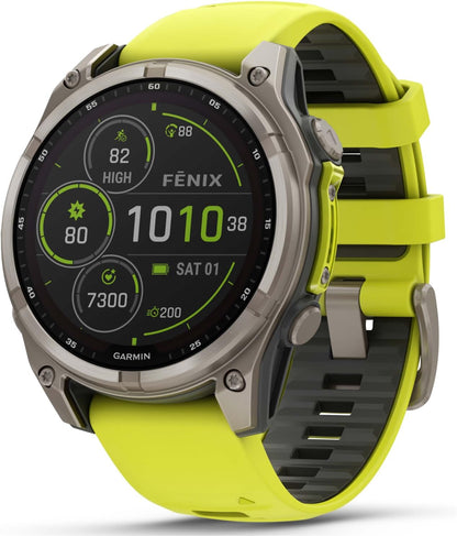 Wearable4U Garmin Fenix 8 – 47 mm, Solar, Multisport GPS Smartwatch, Sapphire, Titanium with Amp Yellow/Graphite Silicone, Built-in LED Flashlight, Voice Control Power Bank Bundle