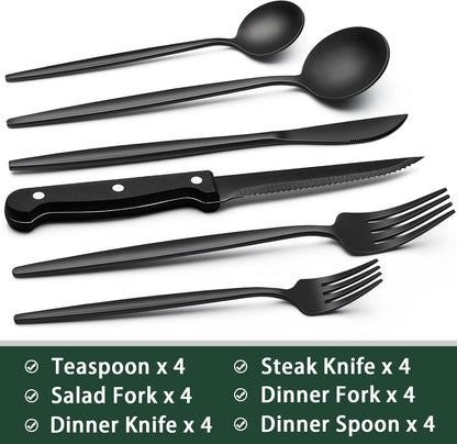 24-Piece Black Silverware Set with Steak Knives, Black Flatware Set for 4, Food-Grade Stainless Steel Tableware Cutlery Set, Mirror Finished Utensil Sets for Home Restaurant