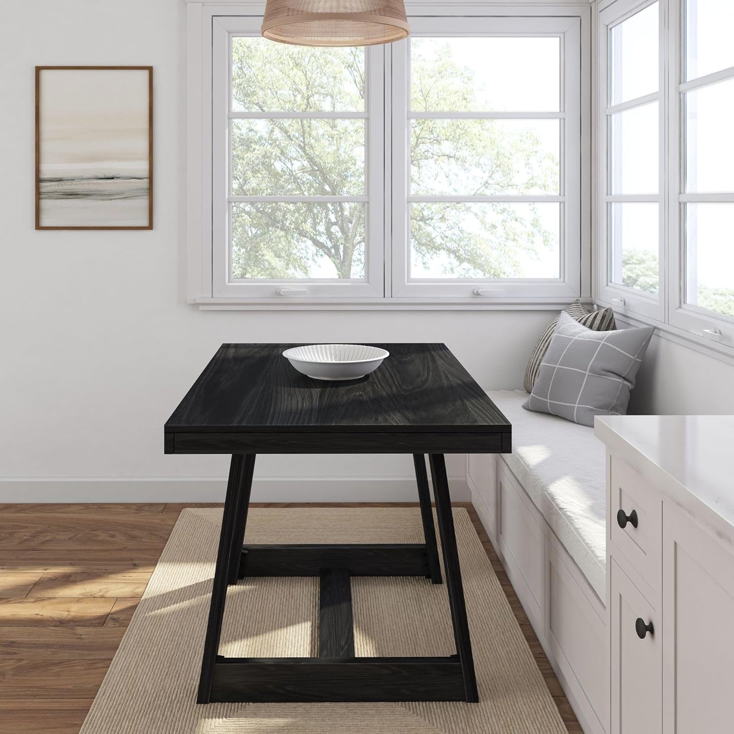 Mesa de comedor rústica de 72 pulgadas con estructura de madera maciza, mesa de comedor rectangular grande de madera para comedor, oficina en casa, muebles de sala de estar, fácil montaje, cepillo de alambre negro