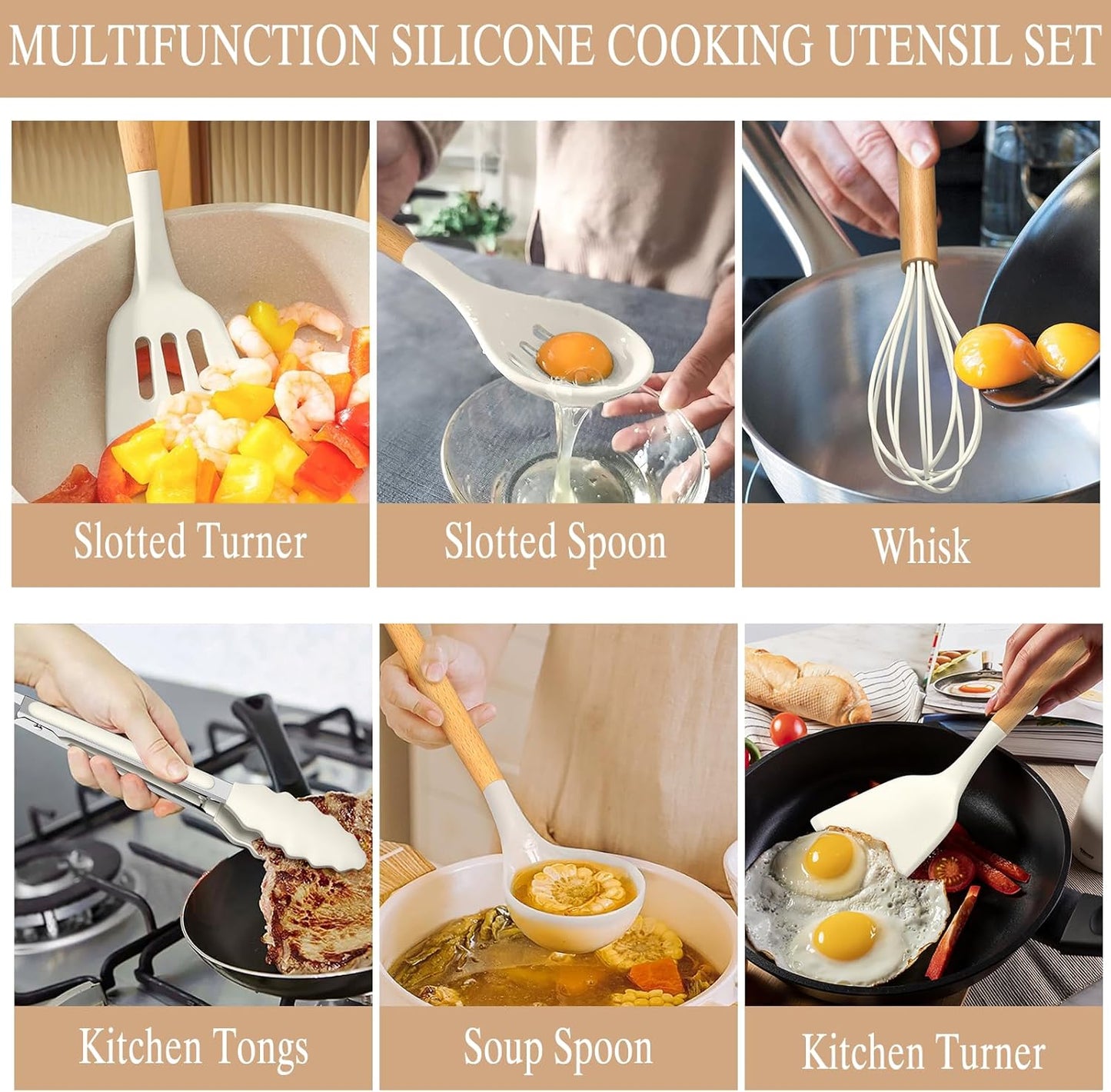 Umite Chef - Juego de utensilios de cocina de silicona antiadherentes, 33 piezas, espátula con soporte, mango de madera, juego de utensilios de cocina de silicona (caqui)