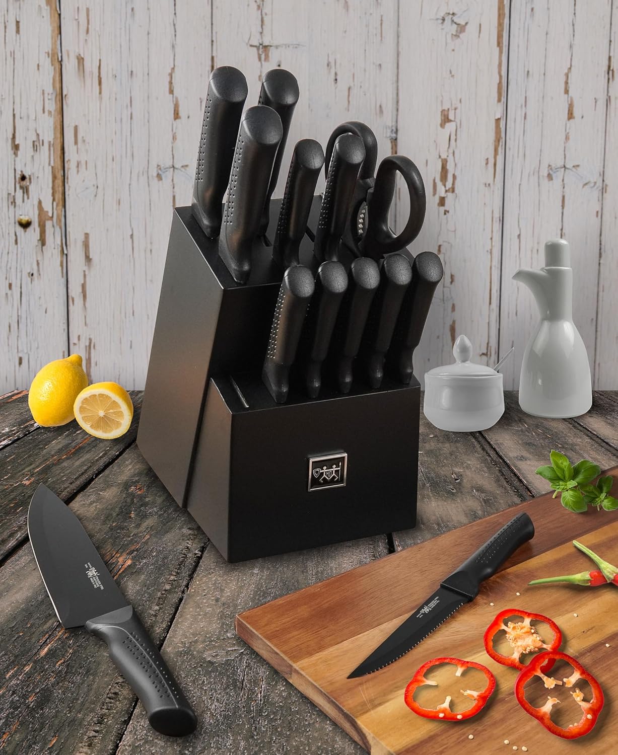 Juego de cuchillos, 15 piezas de cuchillos de cocina con bloque autoafilante, apto para lavavajillas, 6 cuchillos para carne, mango antideslizante, color negro